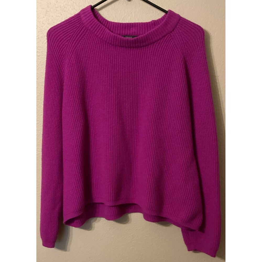 T Tahari Sweater L Magenta Fuschia Pink Crewneck Knit Cropped High-Low Sweater